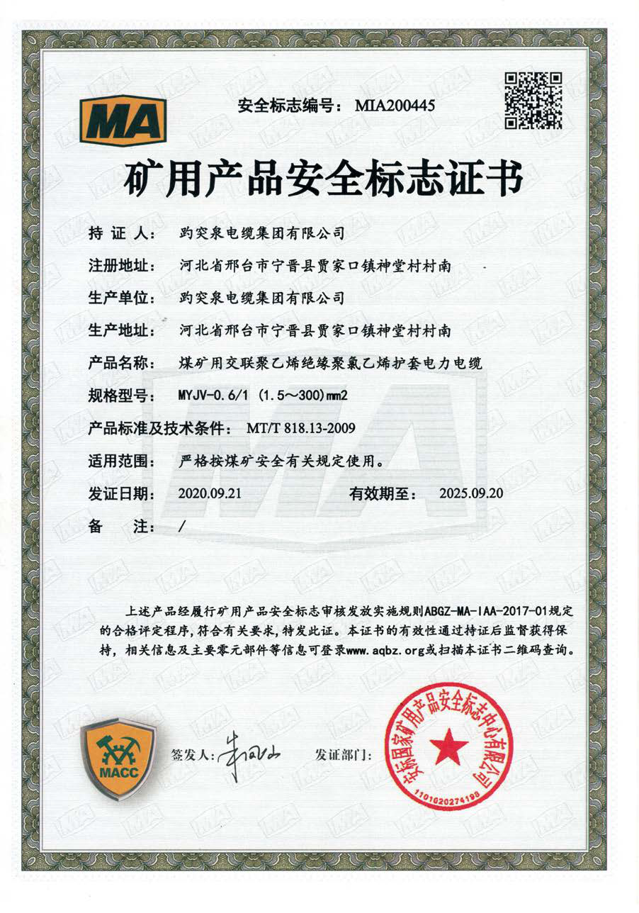 礦用產(chǎn)品安全標志證書